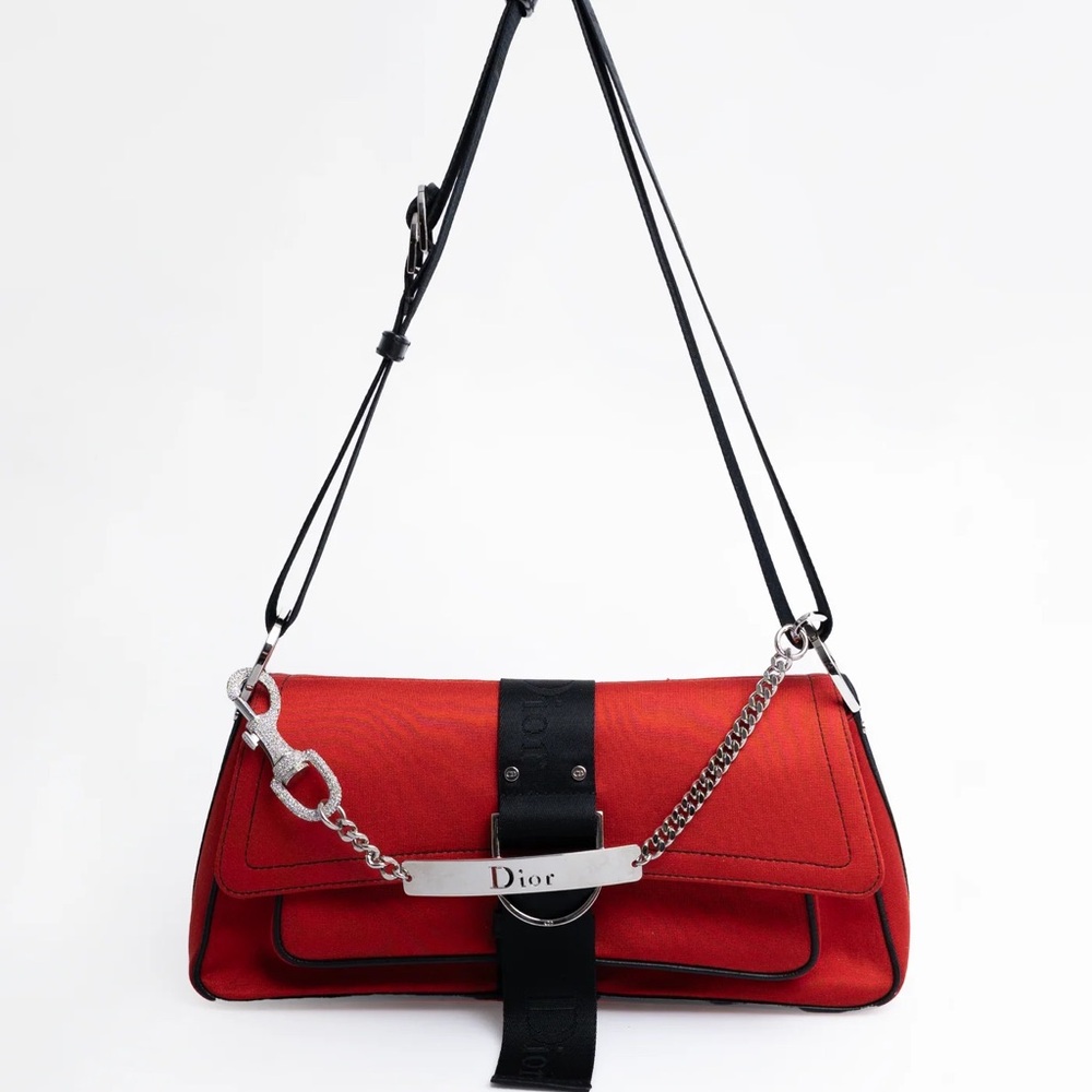 Dior Scarlet Satin Shoulder Bag with Black Accents
